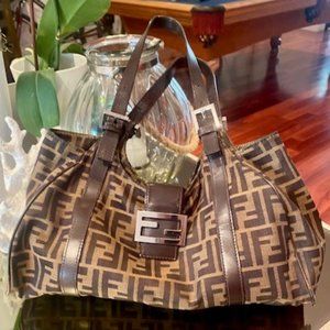 Fendi Tobacco belted Zucca Brown Canvas & leader hobo shoulder bag